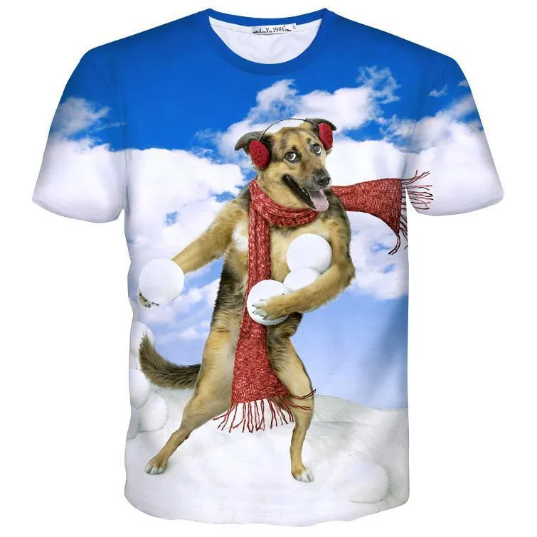 German Shepherd Puppy Throwing Snowballs All Over Graphic Print T-Shirt | DOTOLY