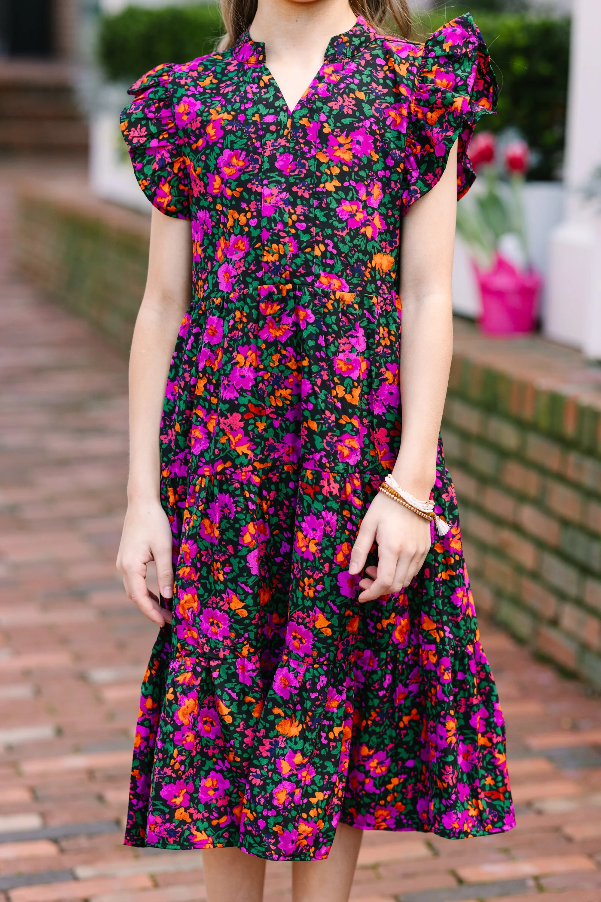 Girls: Make It Your Own Black Ditsy Floral Tiered Midi Dress