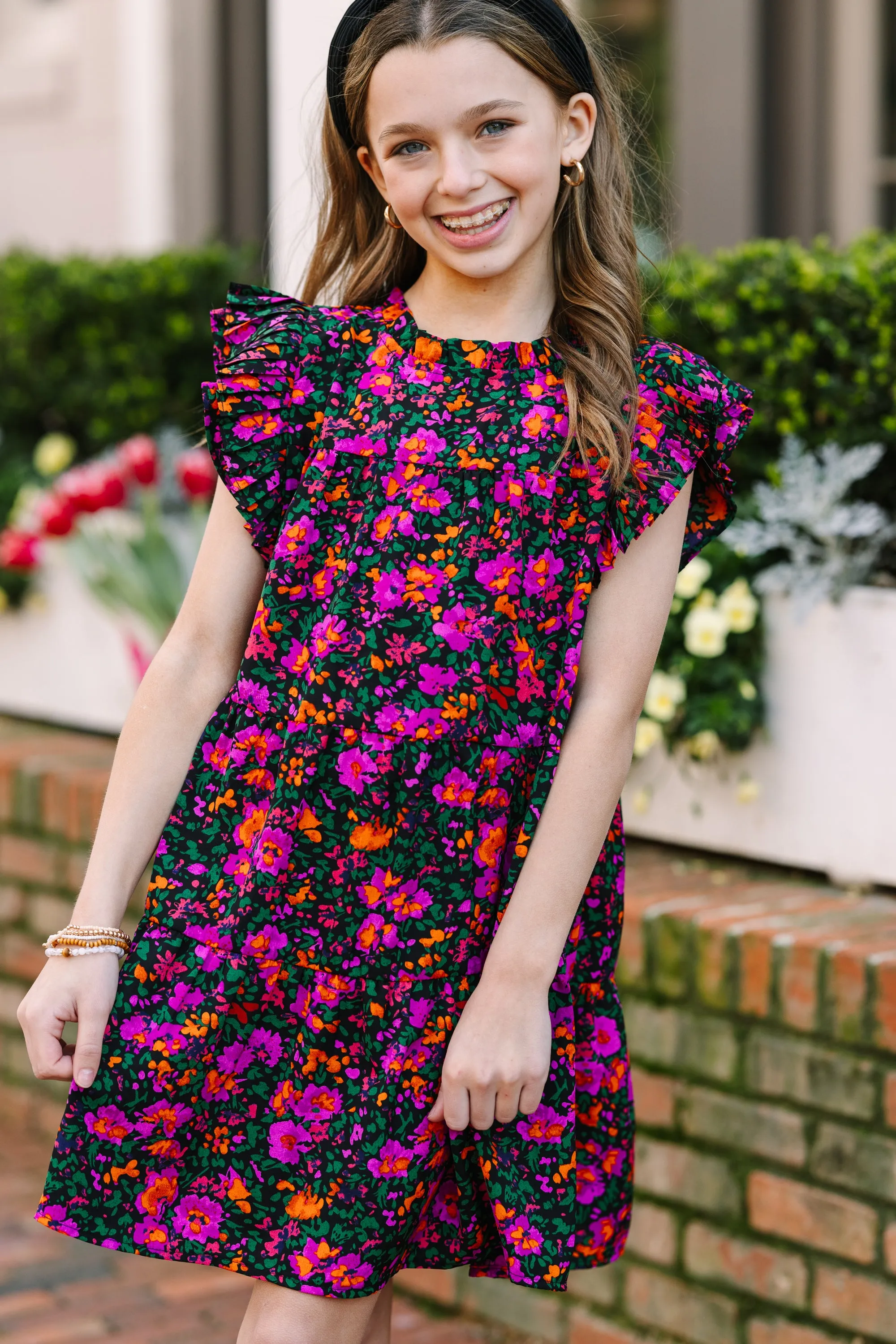 Girls: Make My Day Black Floral Babydoll Dress