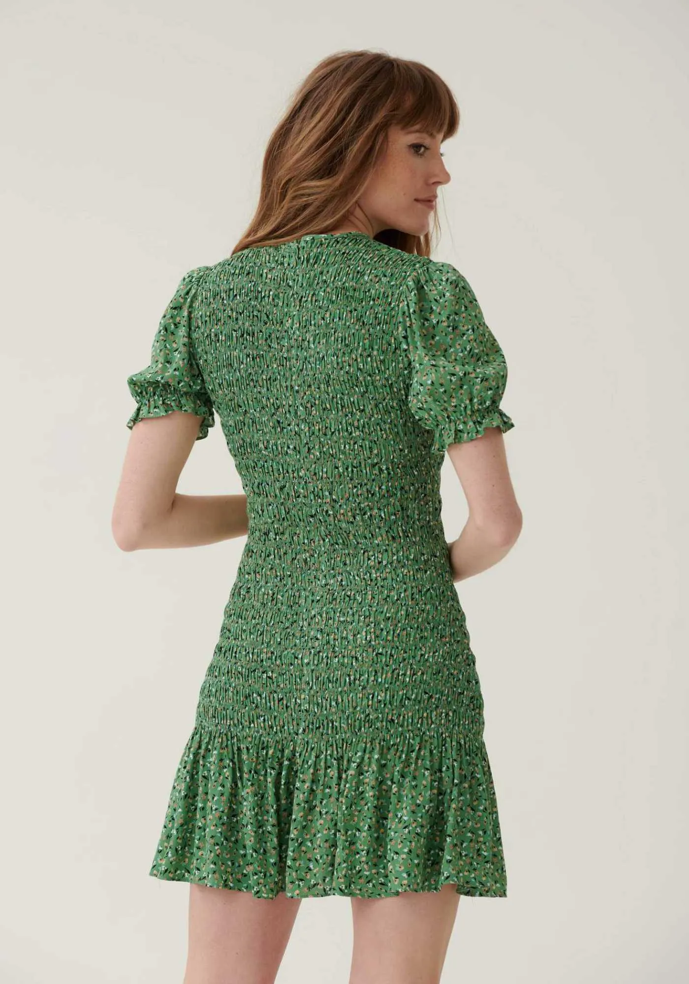 Green Floral Ruched Mini Dress- Outlet