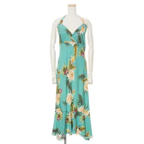 Halter Mid Length Teal Green Ceres Flower Print Hawaiian Dress