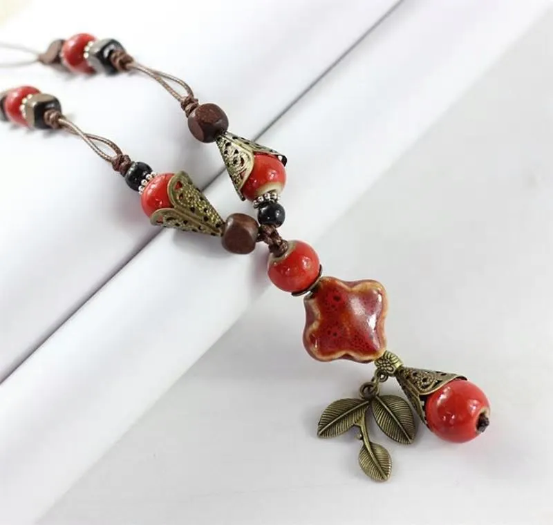 Handmade Rope Ceramic Flower Leaf Beads Pendant Necklace -2 Colors