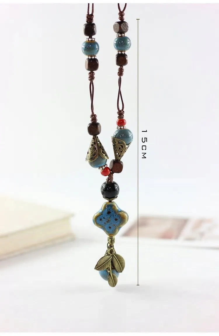 Handmade Rope Ceramic Flower Leaf Beads Pendant Necklace -2 Colors