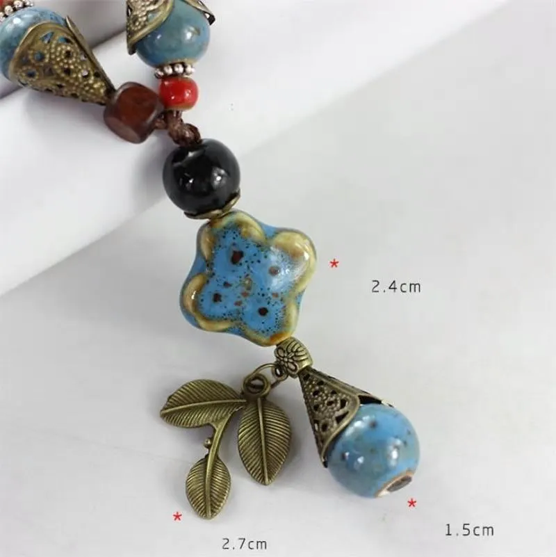 Handmade Rope Ceramic Flower Leaf Beads Pendant Necklace -2 Colors