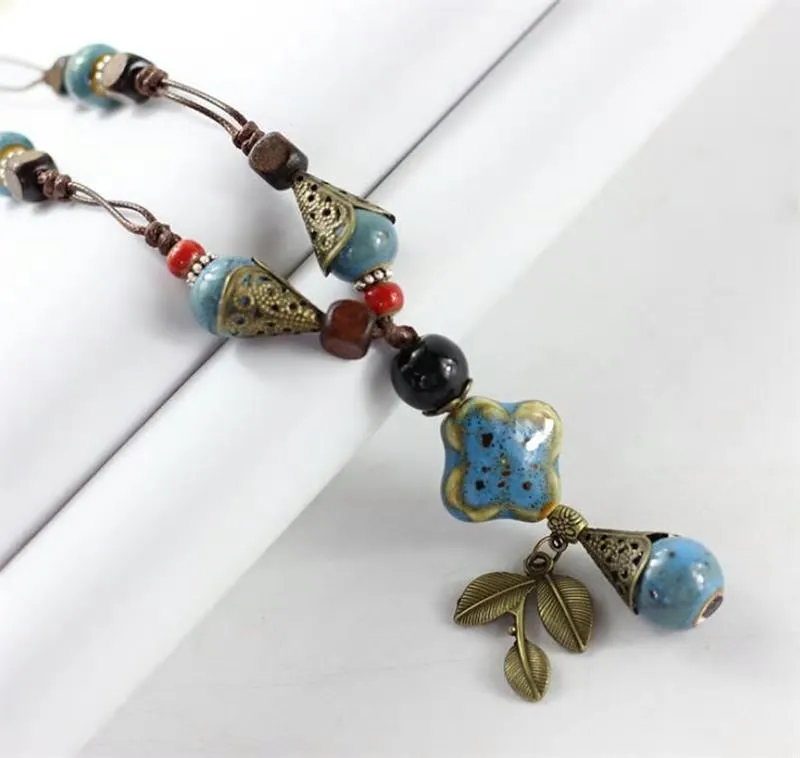 Handmade Rope Ceramic Flower Leaf Beads Pendant Necklace -2 Colors