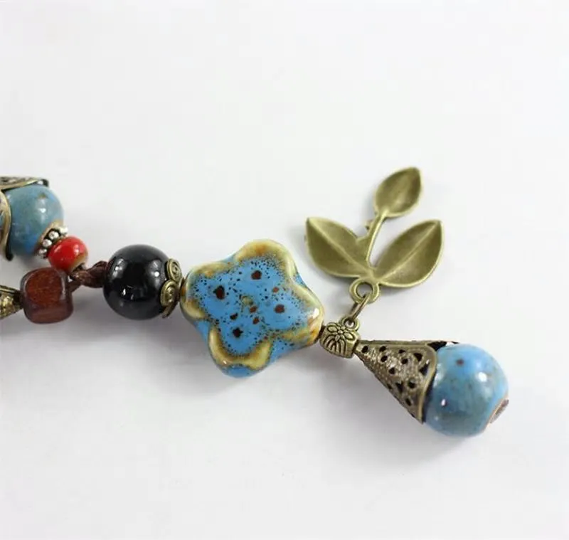 Handmade Rope Ceramic Flower Leaf Beads Pendant Necklace -2 Colors