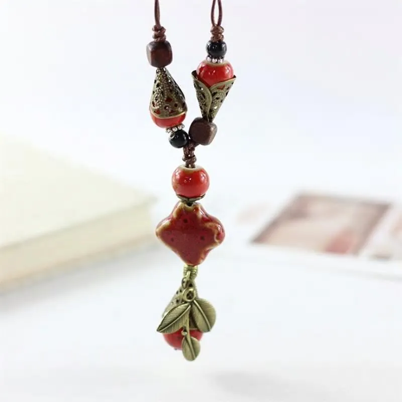 Handmade Rope Ceramic Flower Leaf Beads Pendant Necklace -2 Colors