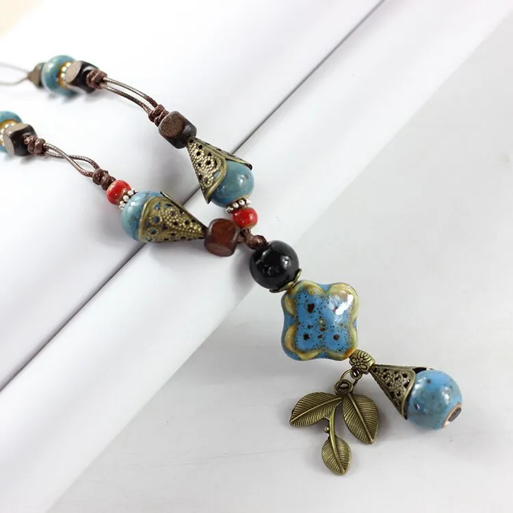 Handmade Rope Ceramic Flower Leaf Beads Pendant Necklace -2 Colors