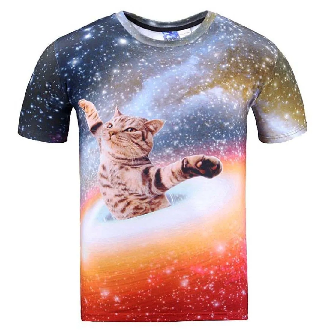 Kitty Cat Chilling in Space Universe Galaxy Print Graphic Print T-Shirt