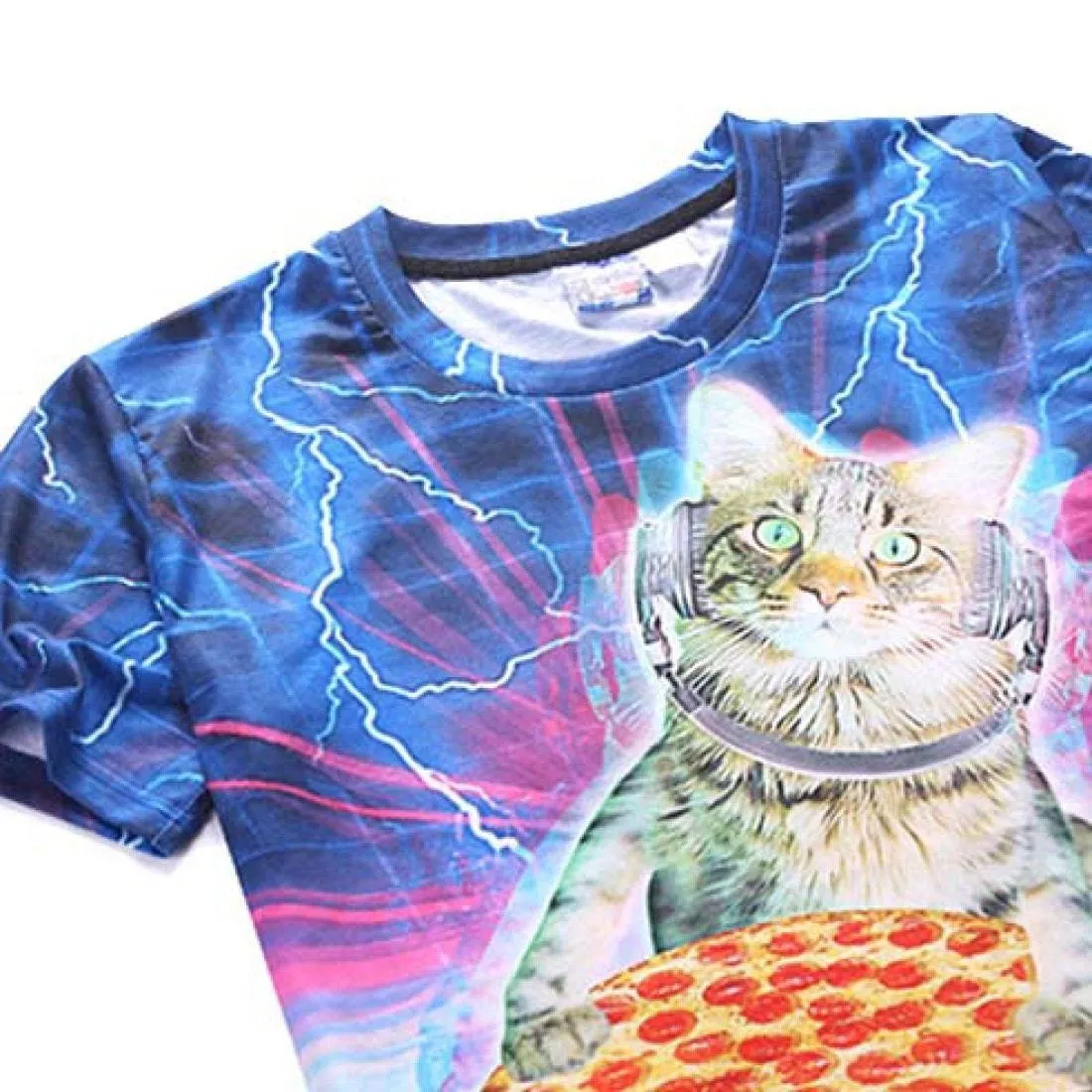 Kitty Cat DJaying a Pizza against a Lightning Background Graphic Print T-Shirt