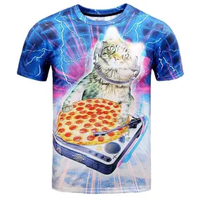 Kitty Cat DJaying a Pizza against a Lightning Background Graphic Print T-Shirt