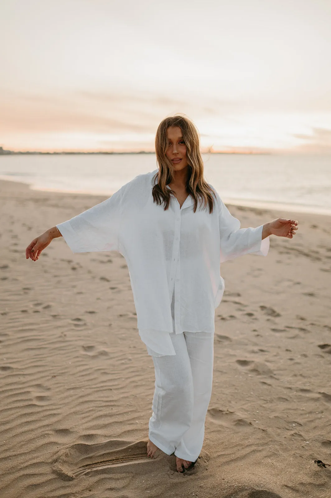 Margot Oversized Linen Shirt Dress in Dove White