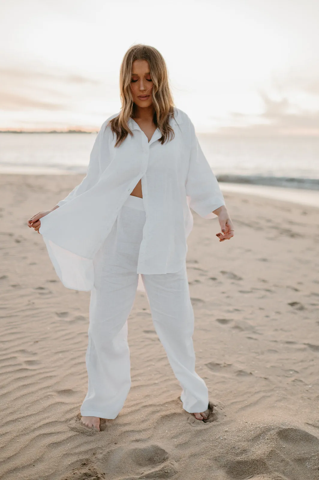 Margot Oversized Linen Shirt Dress in Dove White