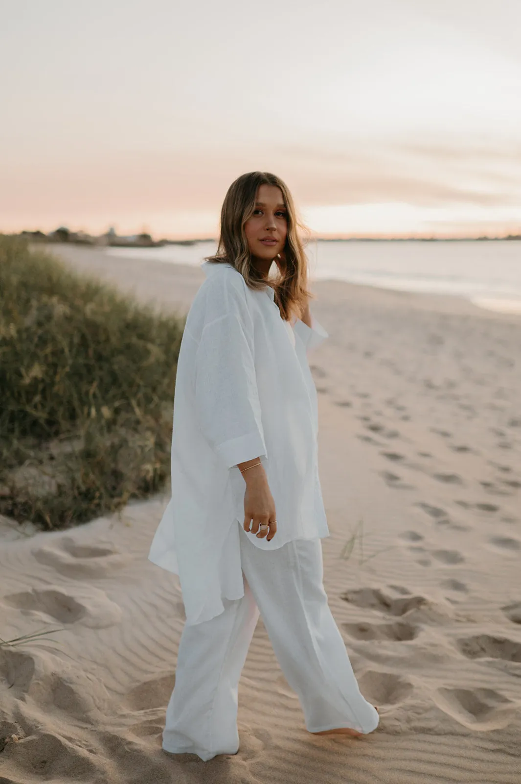 Margot Oversized Linen Shirt Dress in Dove White