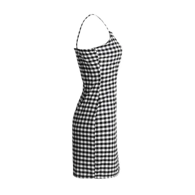 Plaid Sleeveless Backless High Waist Slim Fit Dress