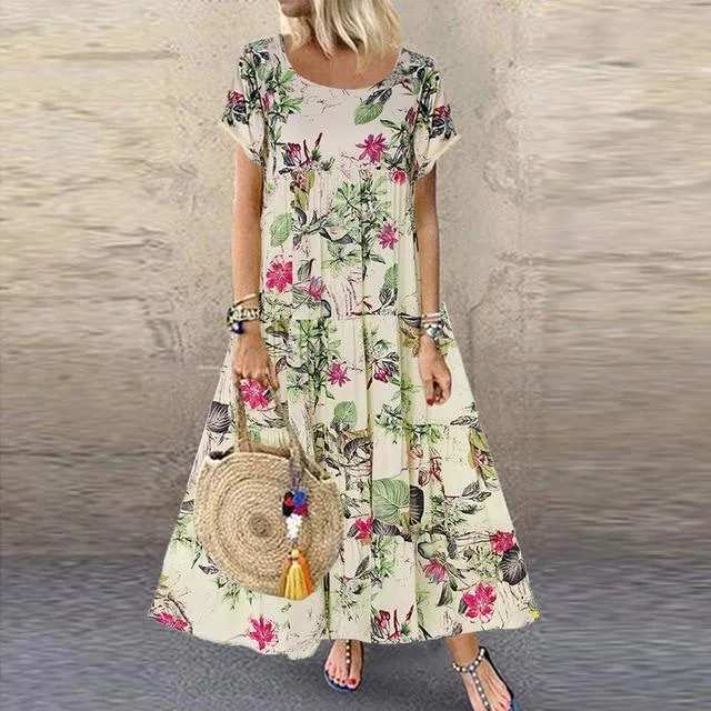 Short Sleeve Boho Retro Linen Long Dress