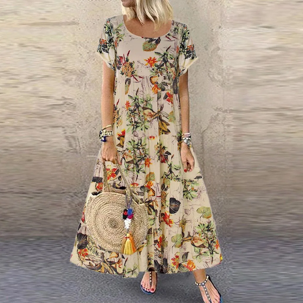 Short Sleeve Boho Retro Linen Long Dress