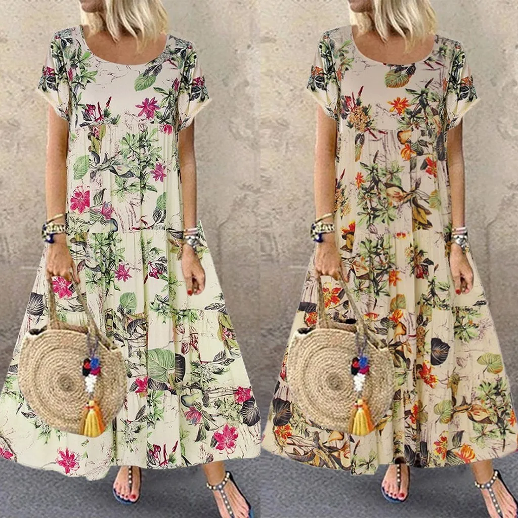 Short Sleeve Boho Retro Linen Long Dress