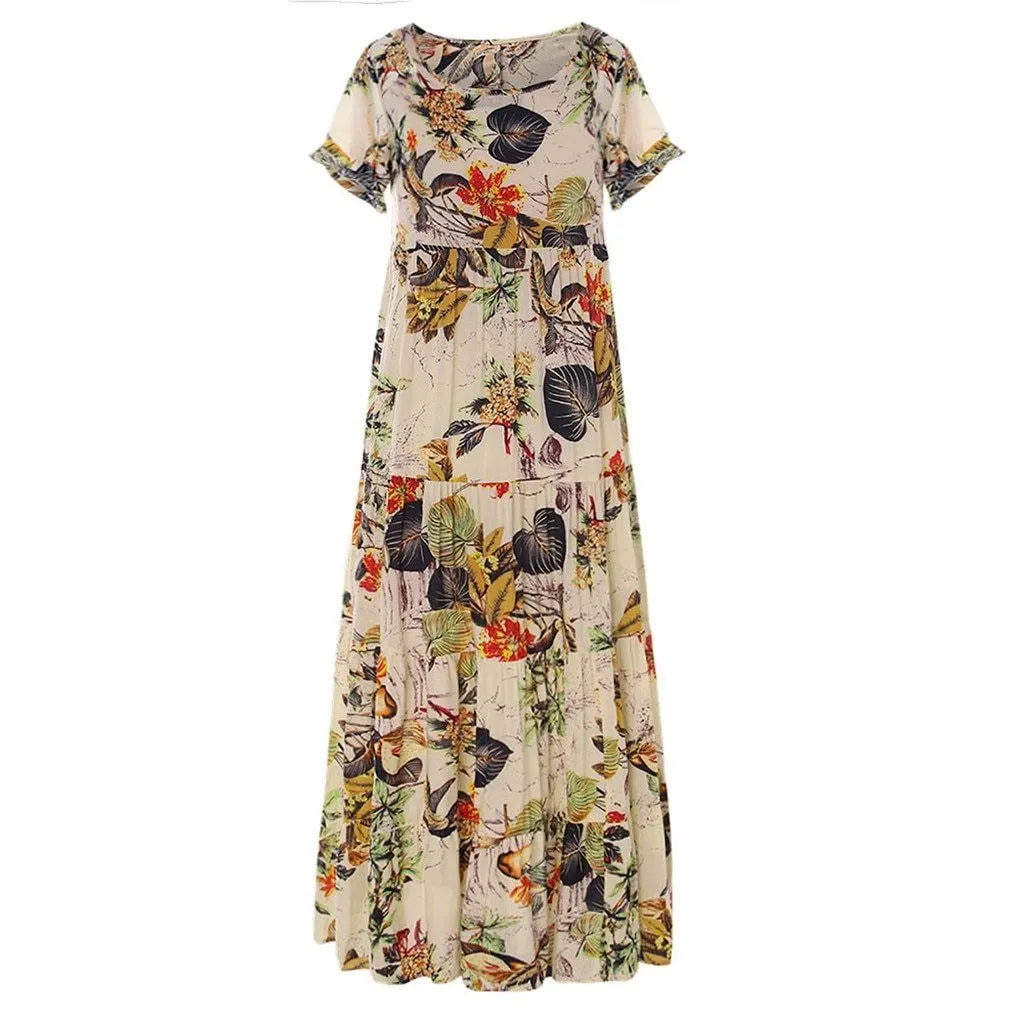 Short Sleeve Boho Retro Linen Long Dress