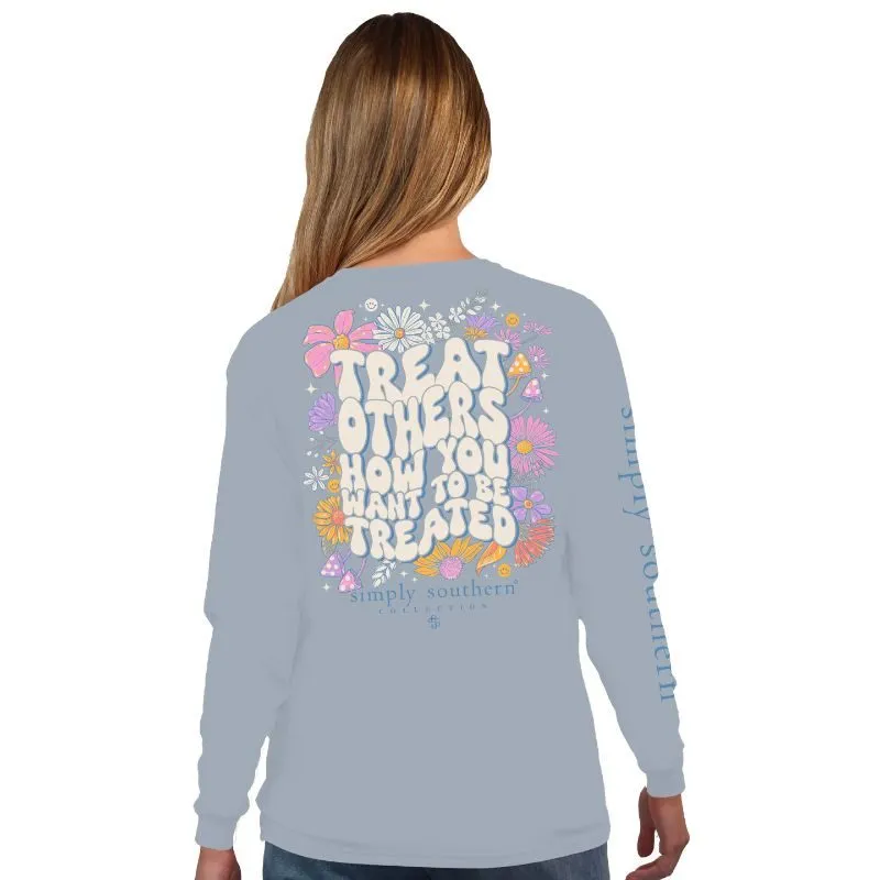 Simply Southern 100% Cotton Long Sleeve T-Shirt - 'Treat Others How You Want to Be Treated' with Floral Design