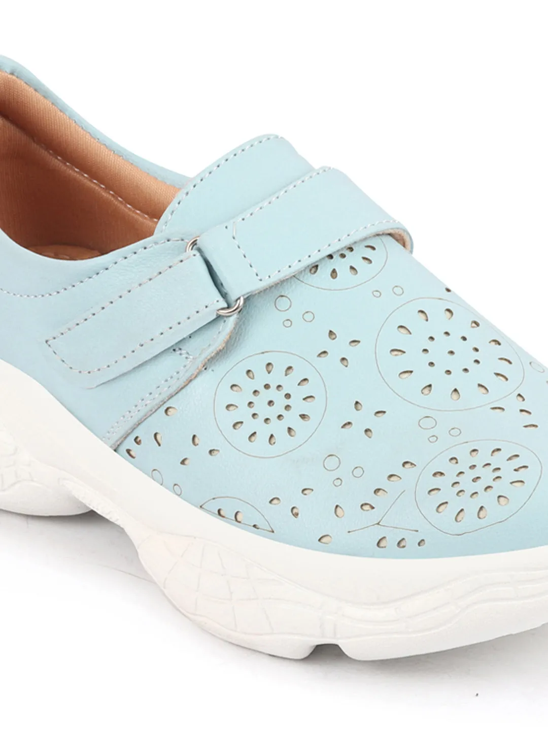 Women Sky Blue Laser Cut Design Stitched Back Open Hook & Loop Buckle Mules Shoes