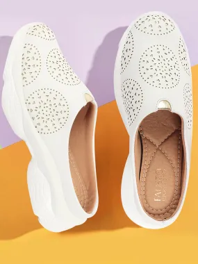 Women White Laser Cut Design Back Open Slip On Mules Shoes