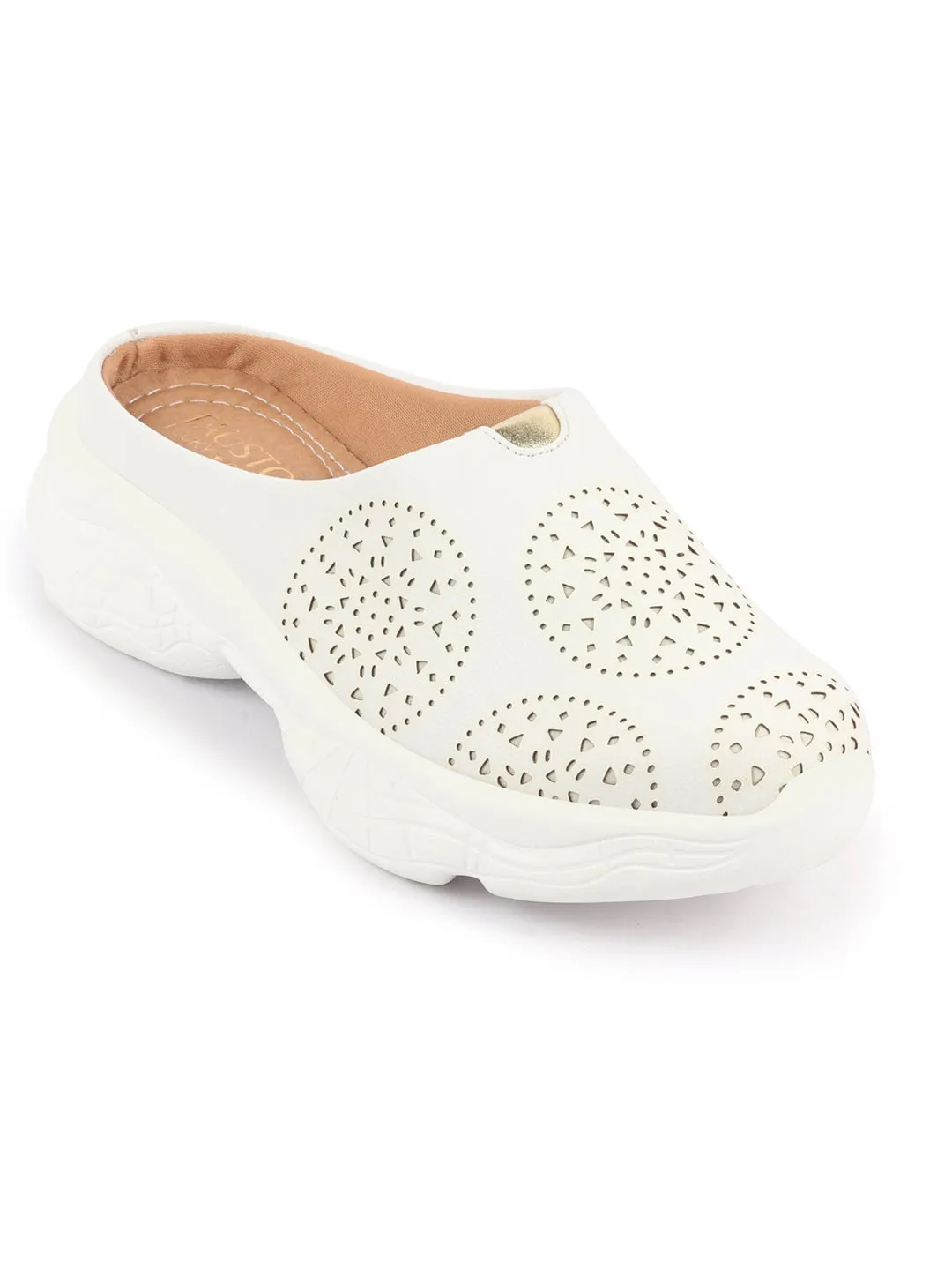 Women White Laser Cut Design Back Open Slip On Mules Shoes