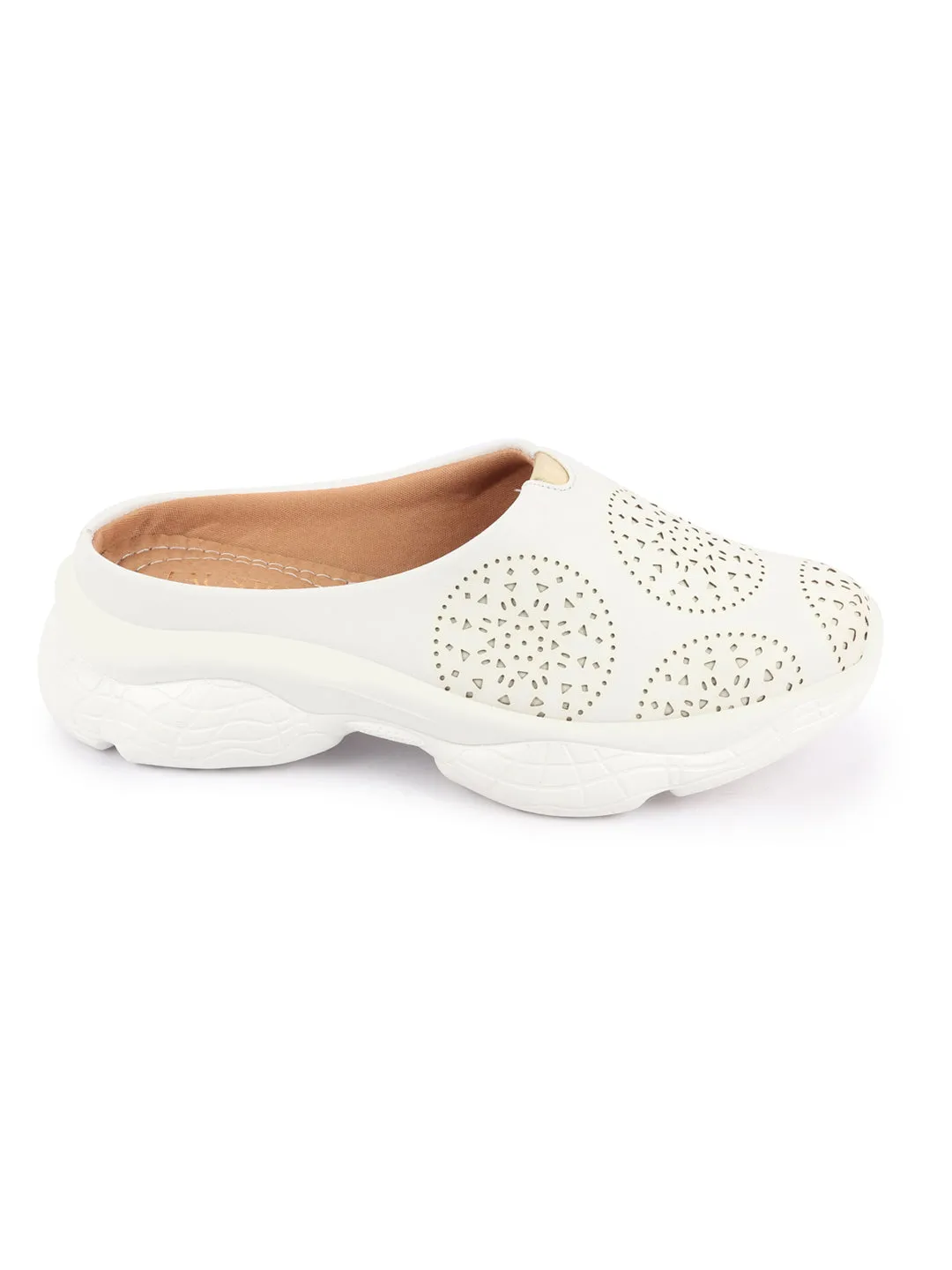 Women White Laser Cut Design Back Open Slip On Mules Shoes