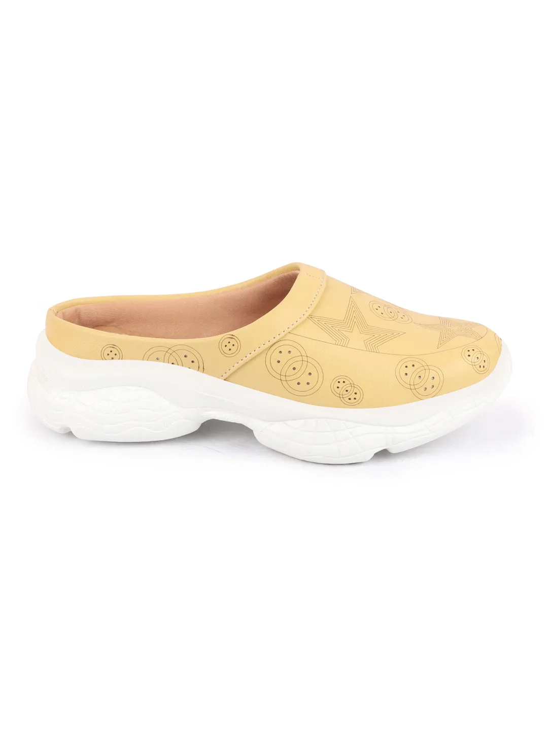 Women Yellow Laser Cut Star Design Back Open Slip-On Mules Shoes