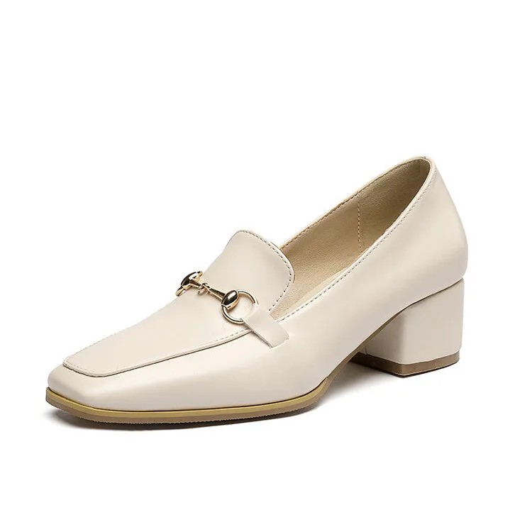 Women's Square Toe Metal Block Heel Slip-On Loafers