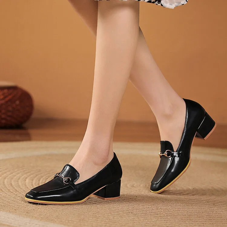 Women's Square Toe Metal Block Heel Slip-On Loafers