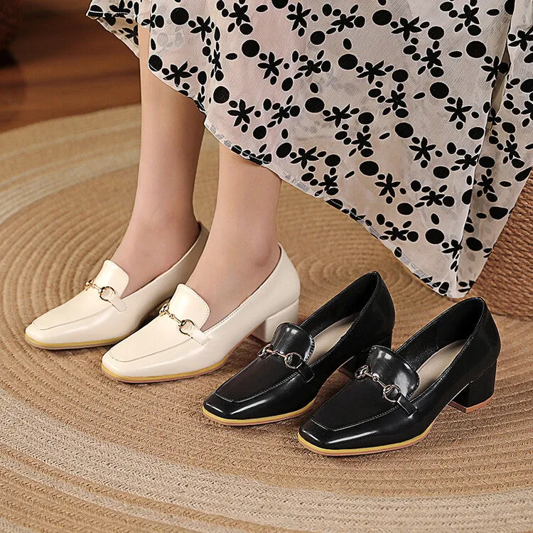 Women's Square Toe Metal Block Heel Slip-On Loafers